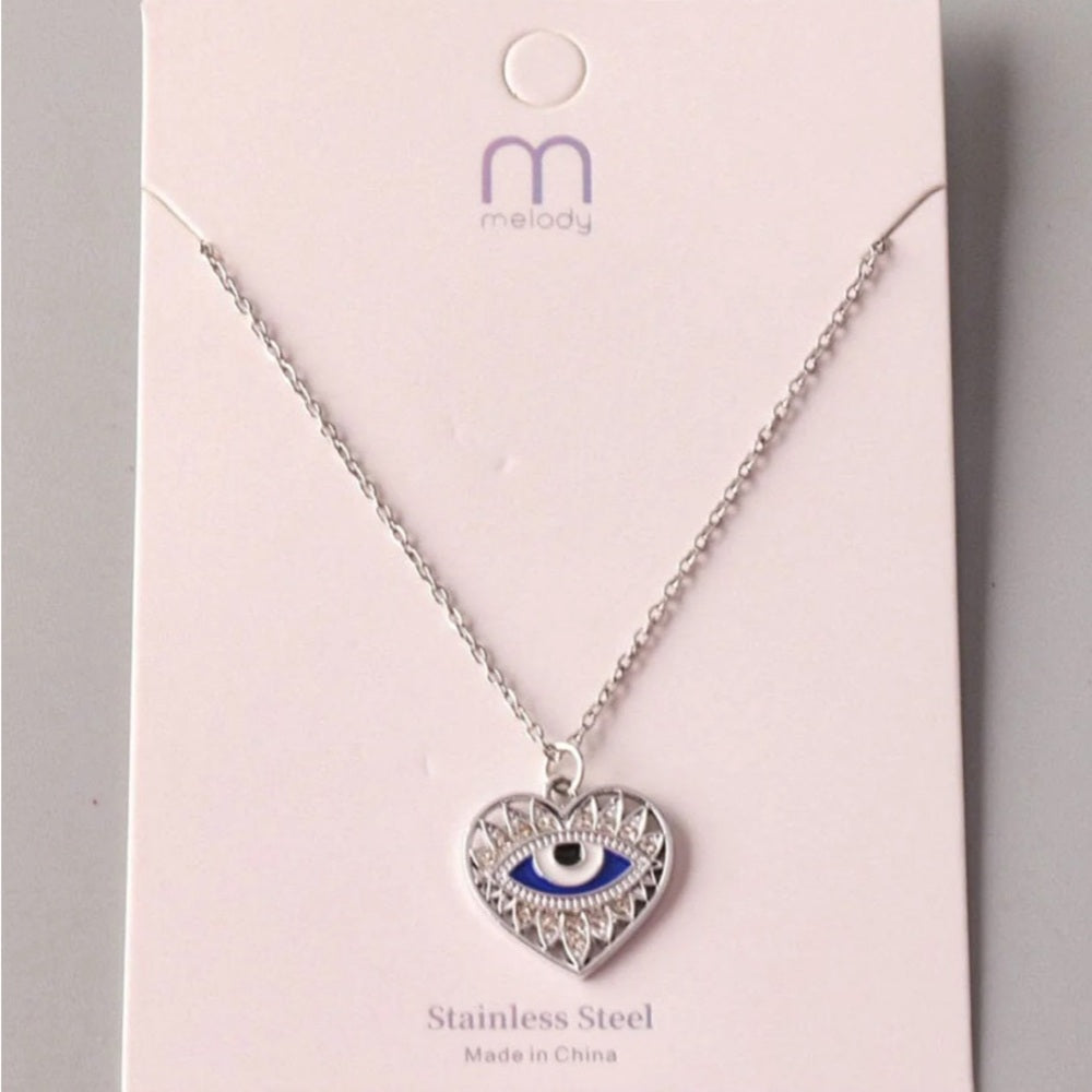 383. Silver Heart Necklace with Blue Eye Pendant