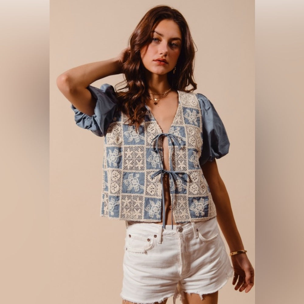 386. Crochet Lace Tie Front V Neck Blouse Top