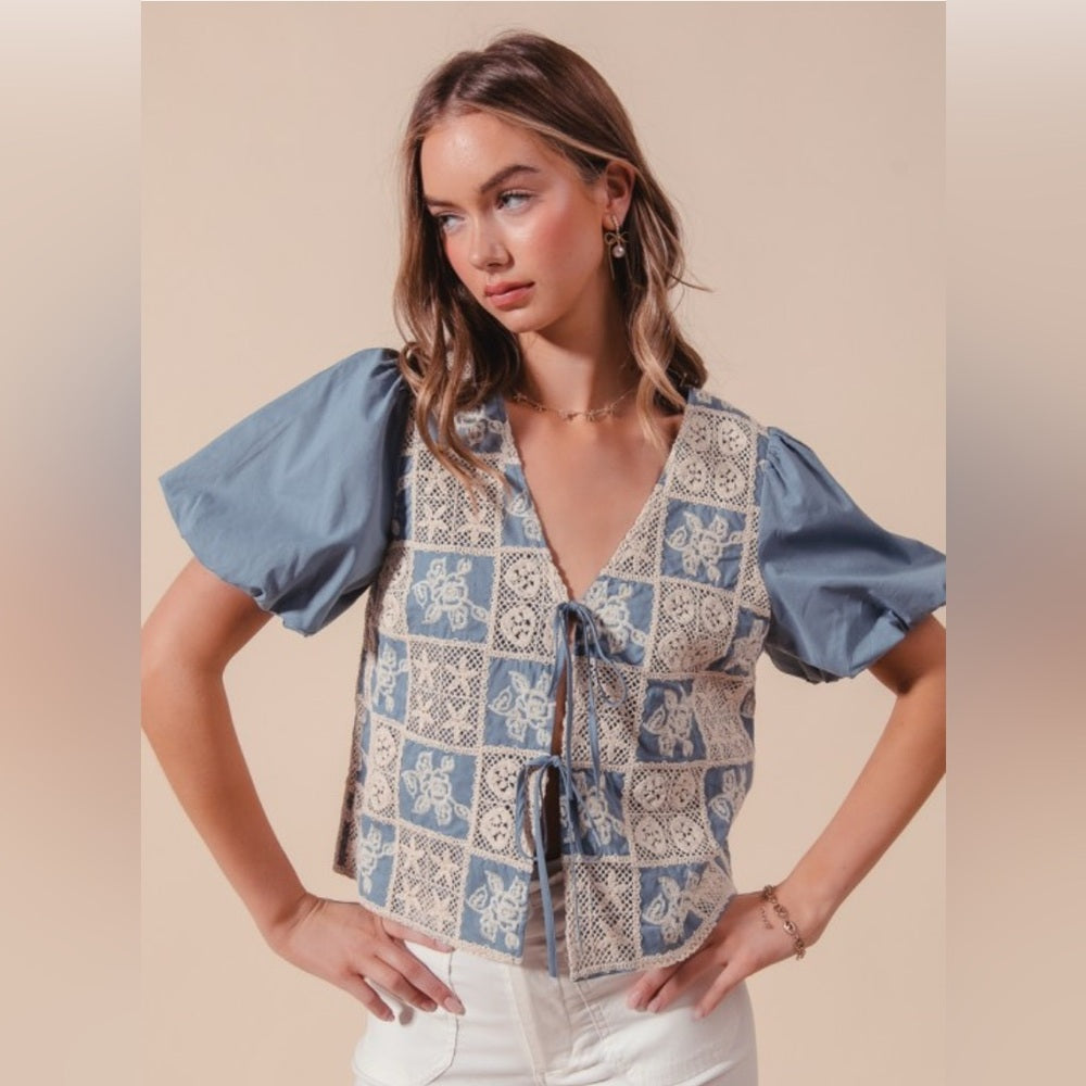386. Crochet Lace Tie Front V Neck Blouse Top