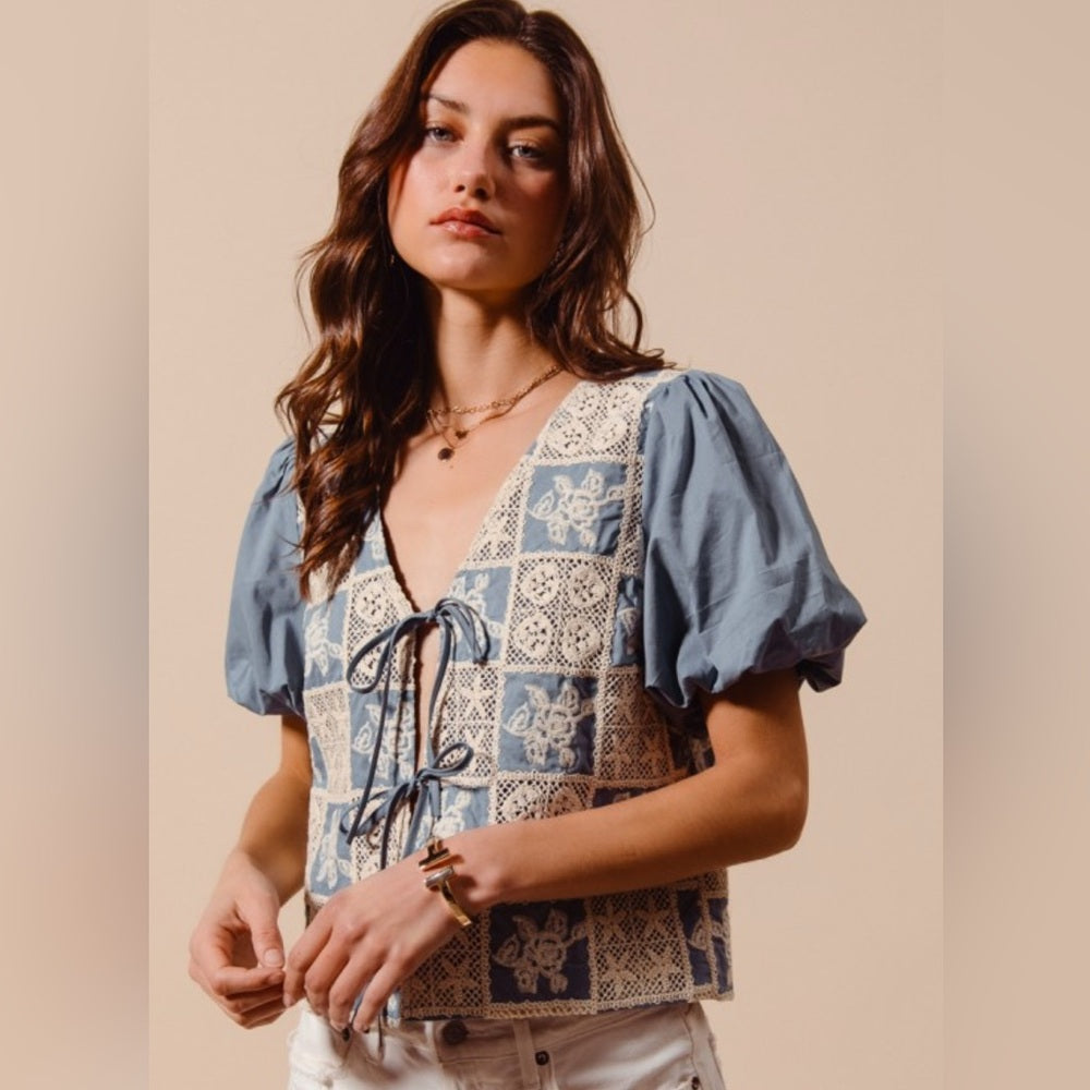 386. Crochet Lace Tie Front V Neck Blouse Top