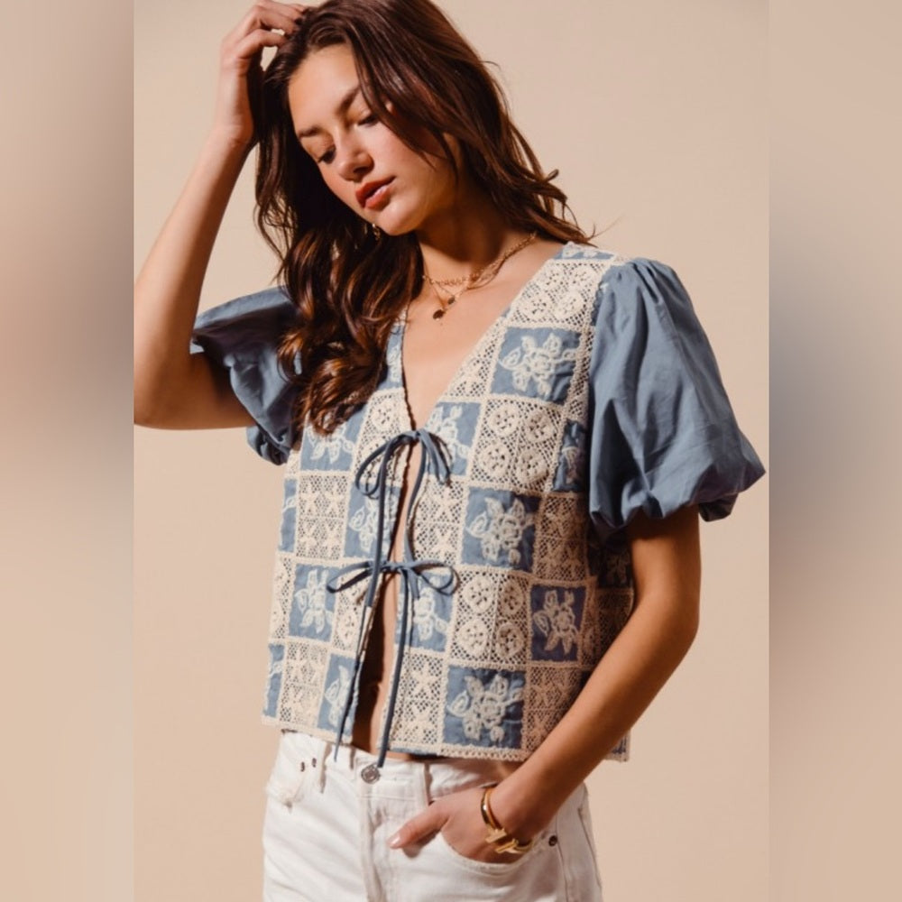 386. Crochet Lace Tie Front V Neck Blouse Top