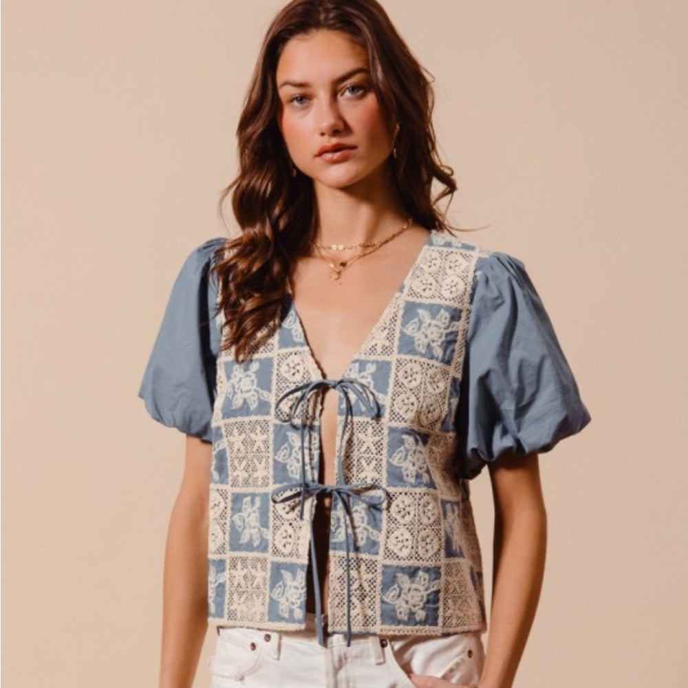 386. Crochet Lace Tie Front V Neck Blouse Top