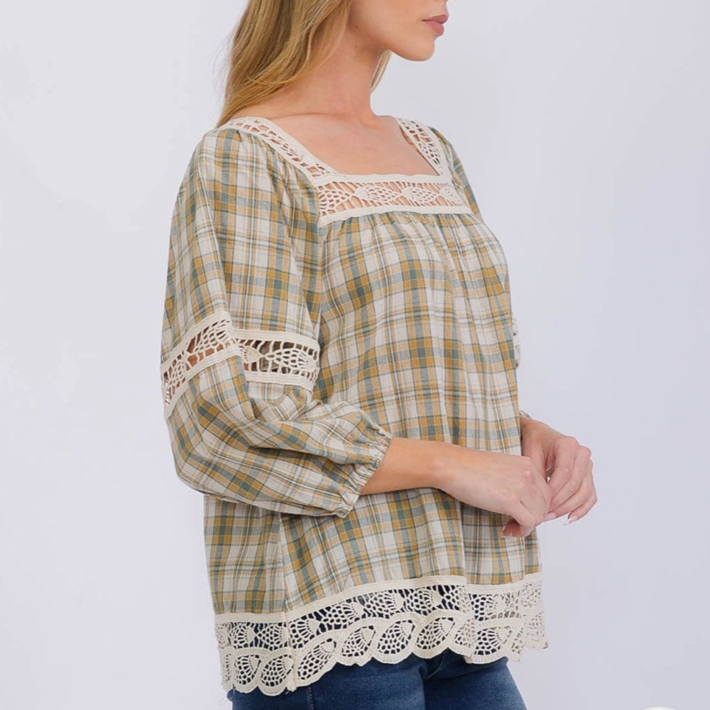 395. Easel Plaid Lace Trim Women's Top