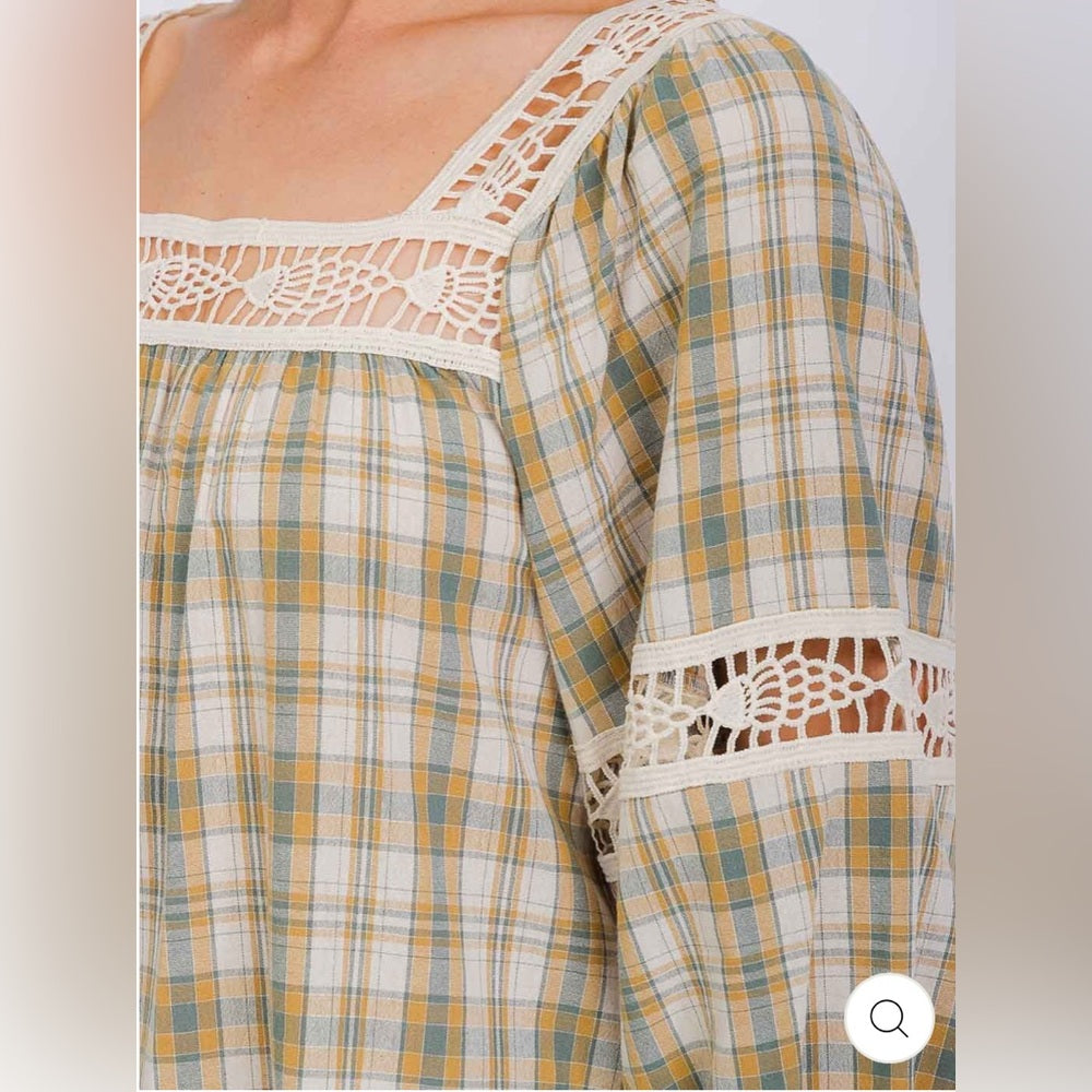 395. Easel Plaid Lace Trim Women's Top