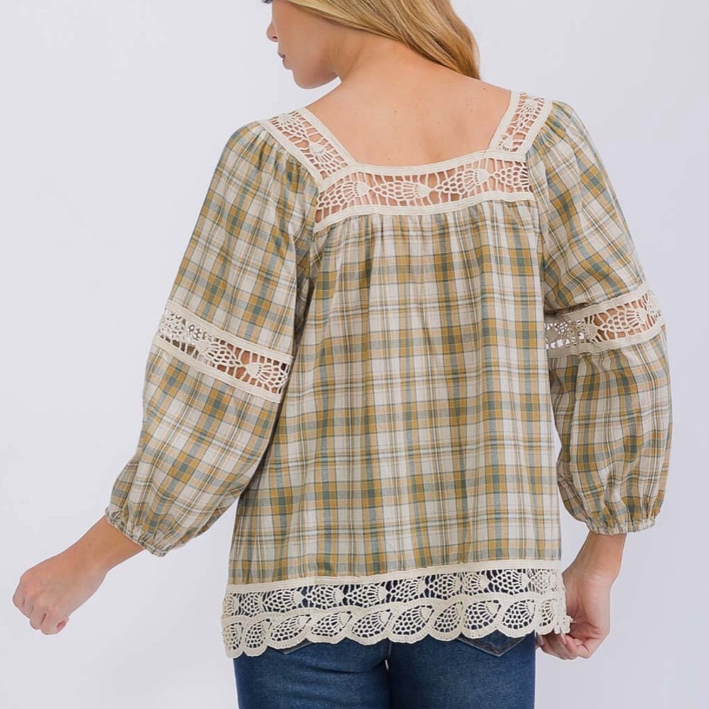 395. Easel Plaid Lace Trim Women's Top