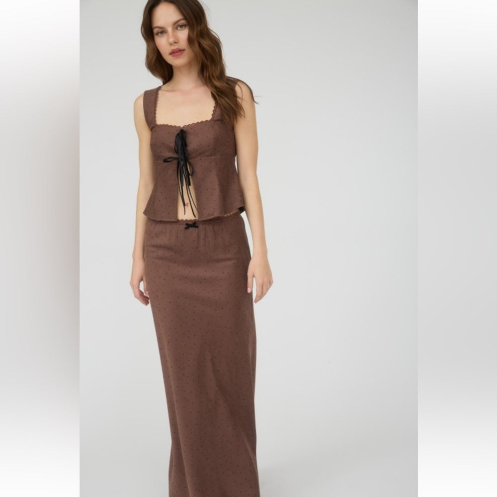403. Chocolate Brown Polka Dot Tank & Skirt Set