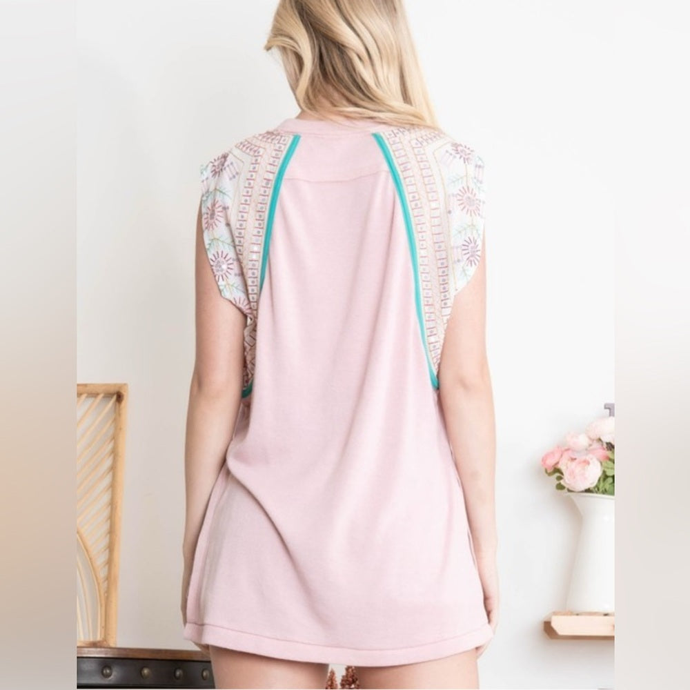 410. Pink Sequinted Embo Chiffon Contrast Side Slit Top