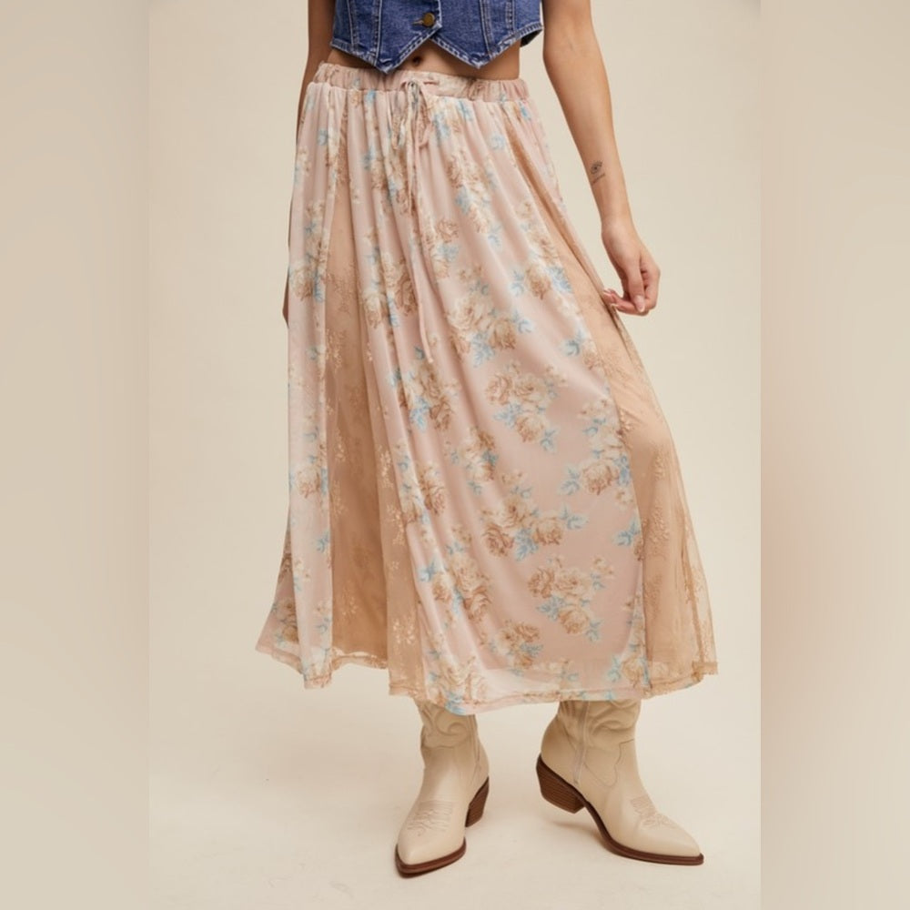 416. Floral Beige Lace Panel Maxi Skirt