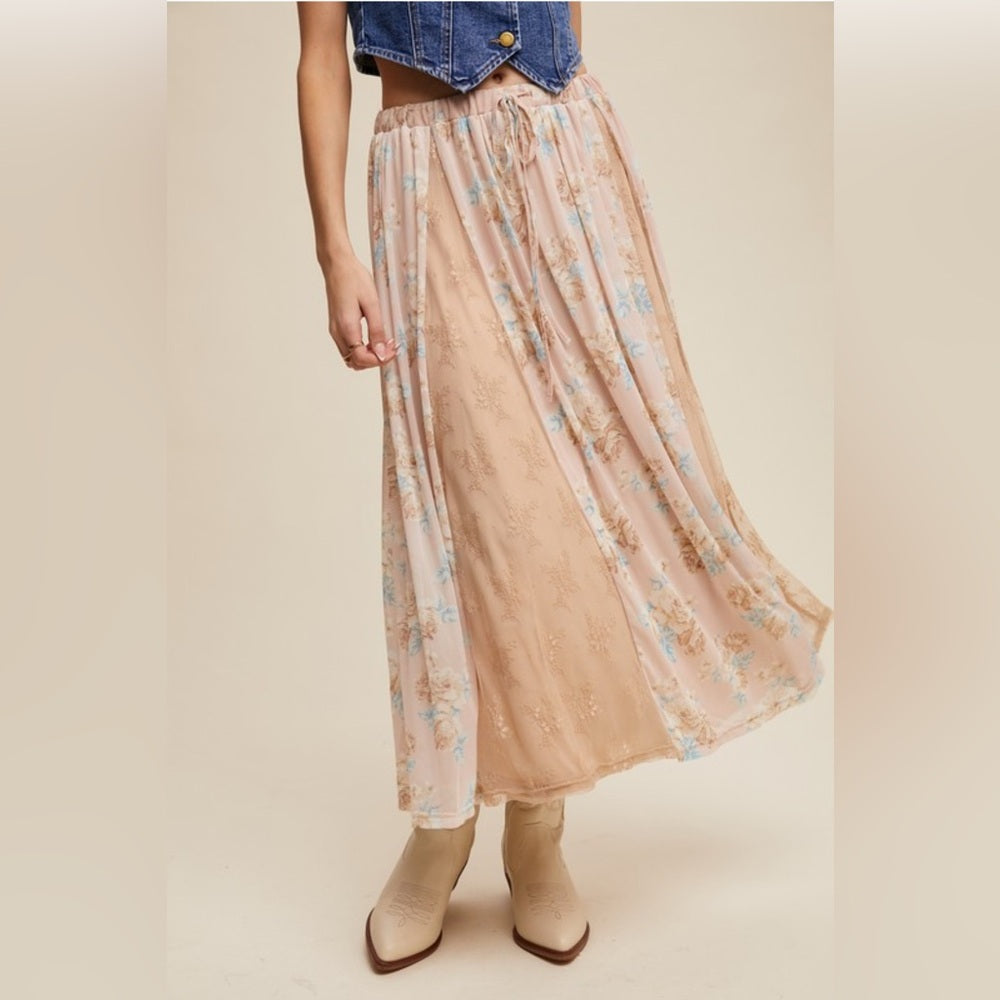416. Floral Beige Lace Panel Maxi Skirt