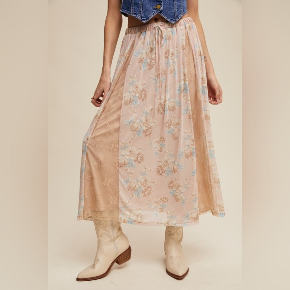 416. Floral Beige Lace Panel Maxi Skirt