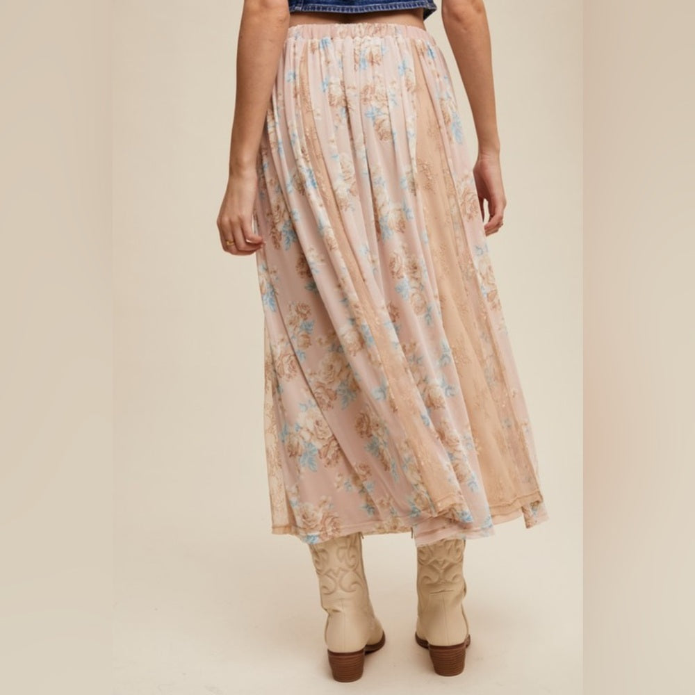 416. Floral Beige Lace Panel Maxi Skirt
