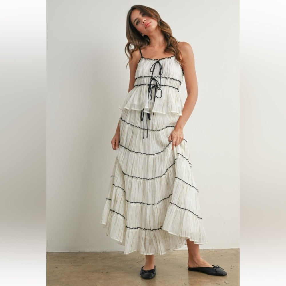 420. White Tiered Skirt Set with Black Bow Accents