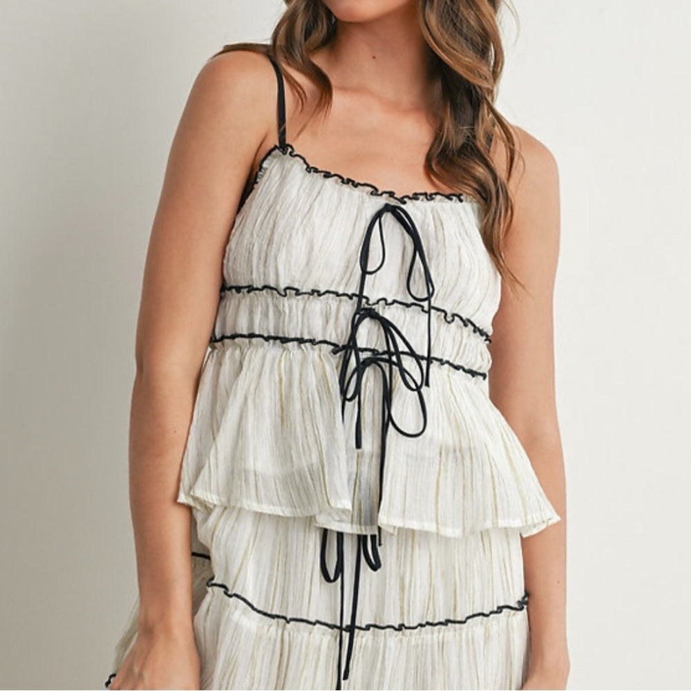 420. White Tiered Skirt Set with Black Bow Accents