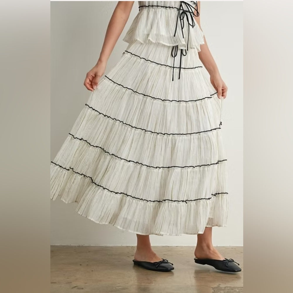 420. White Tiered Skirt Set with Black Bow Accents