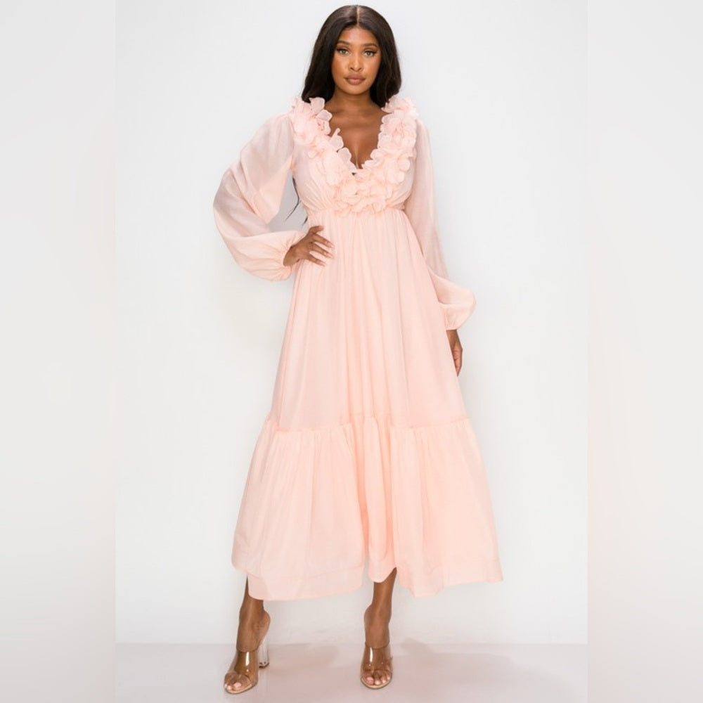 423. Elegant Pink Maxi Dress with Ruffle Details