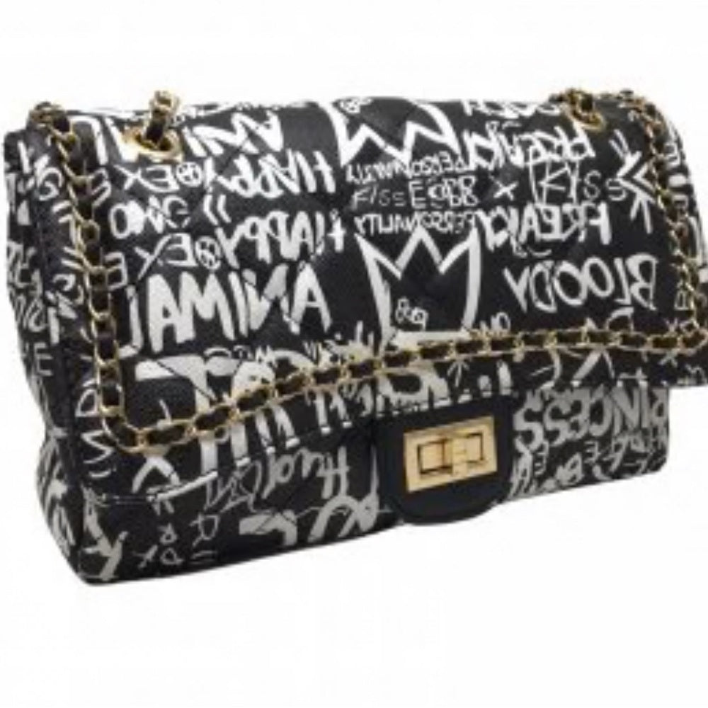 425. Black and White Graffiti Bag with Gold Chain front detail