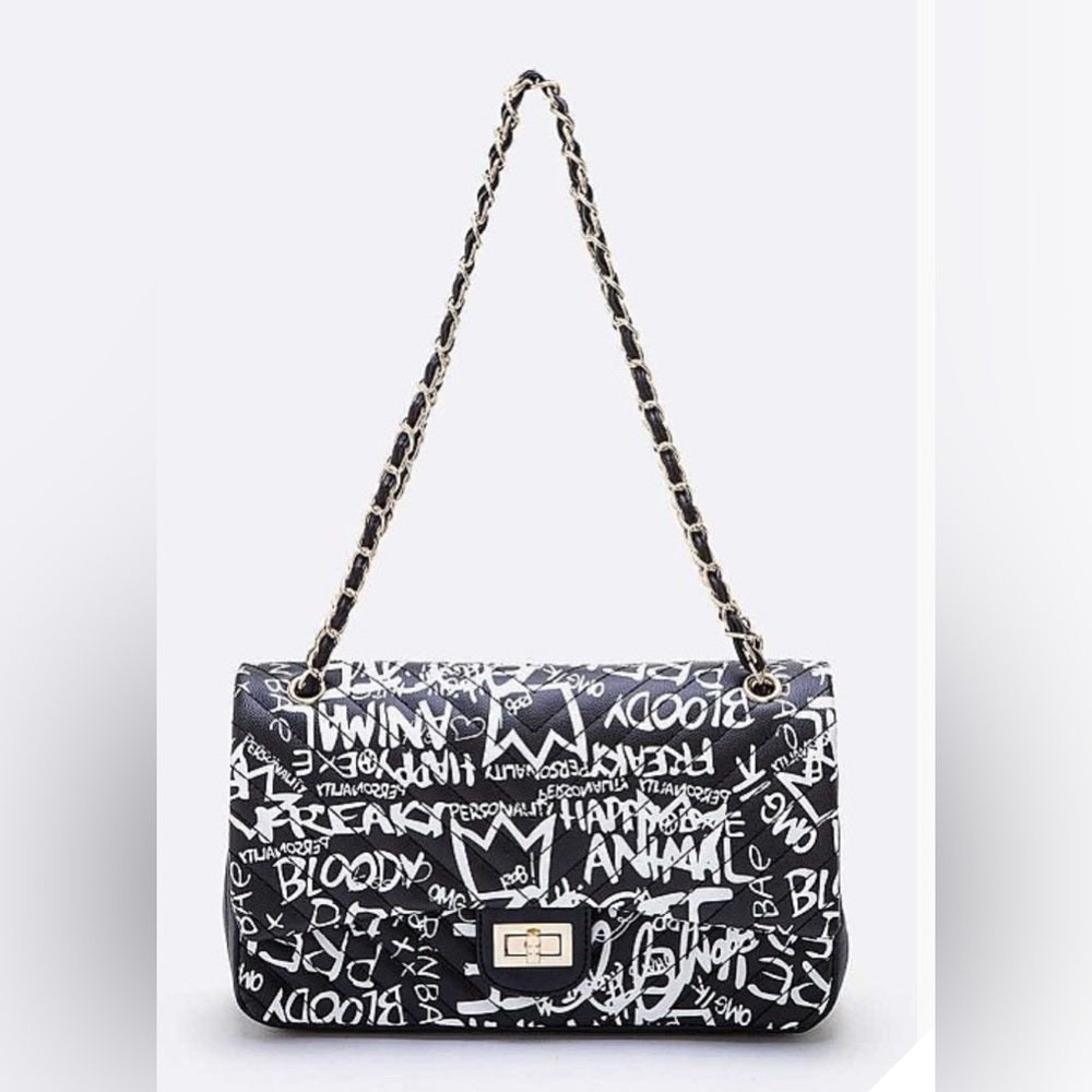 425. Black and White Graffiti Bag with Gold Chain front detail