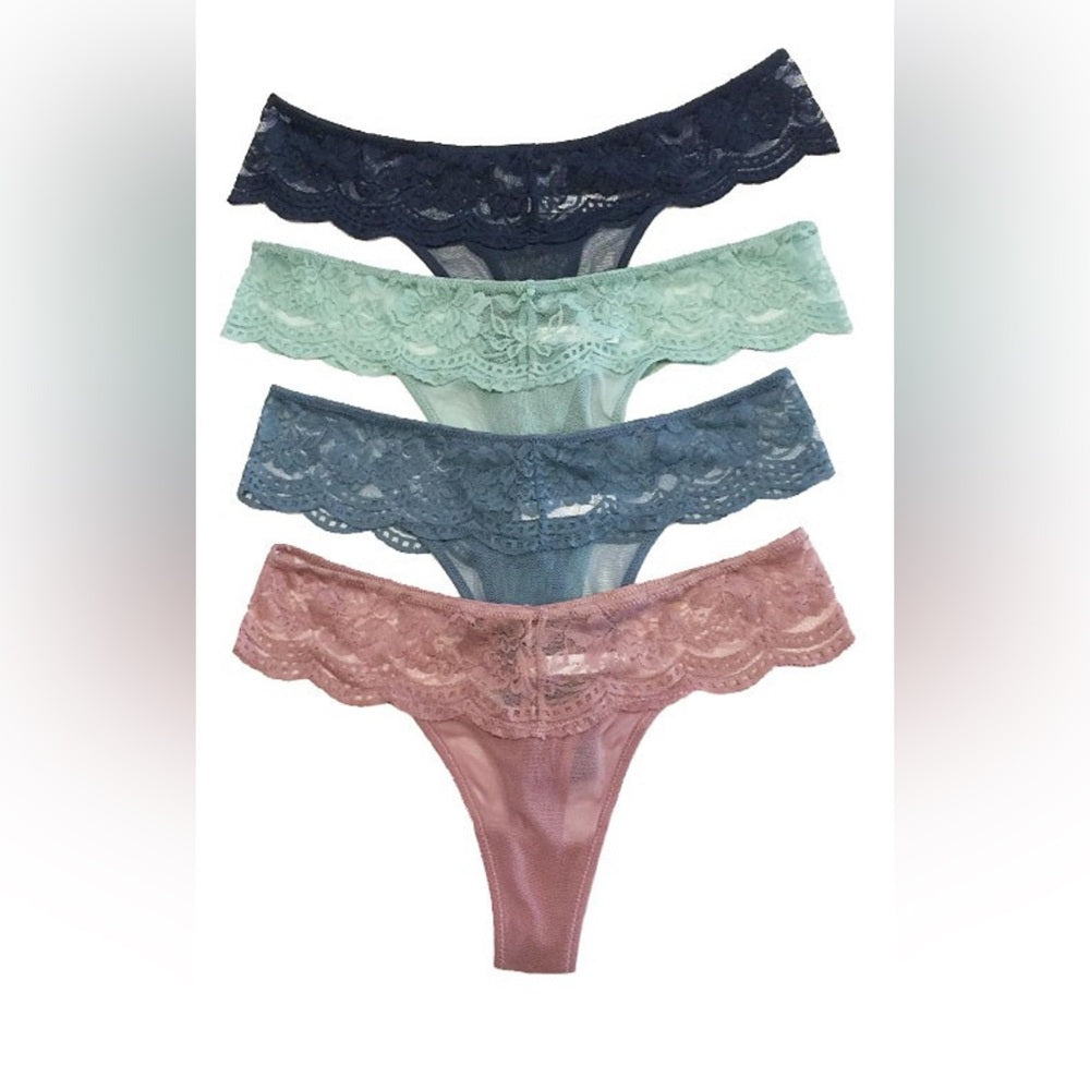 431. Lace Triangle Bralette & Matching Lace Thong in Blue Stone