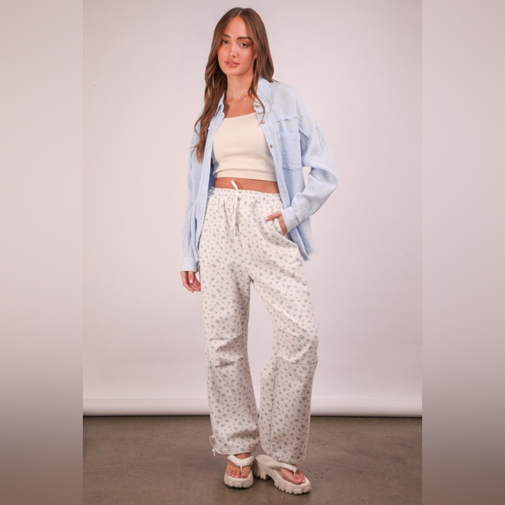 444. Floral Printed White Denim Parachute Pants