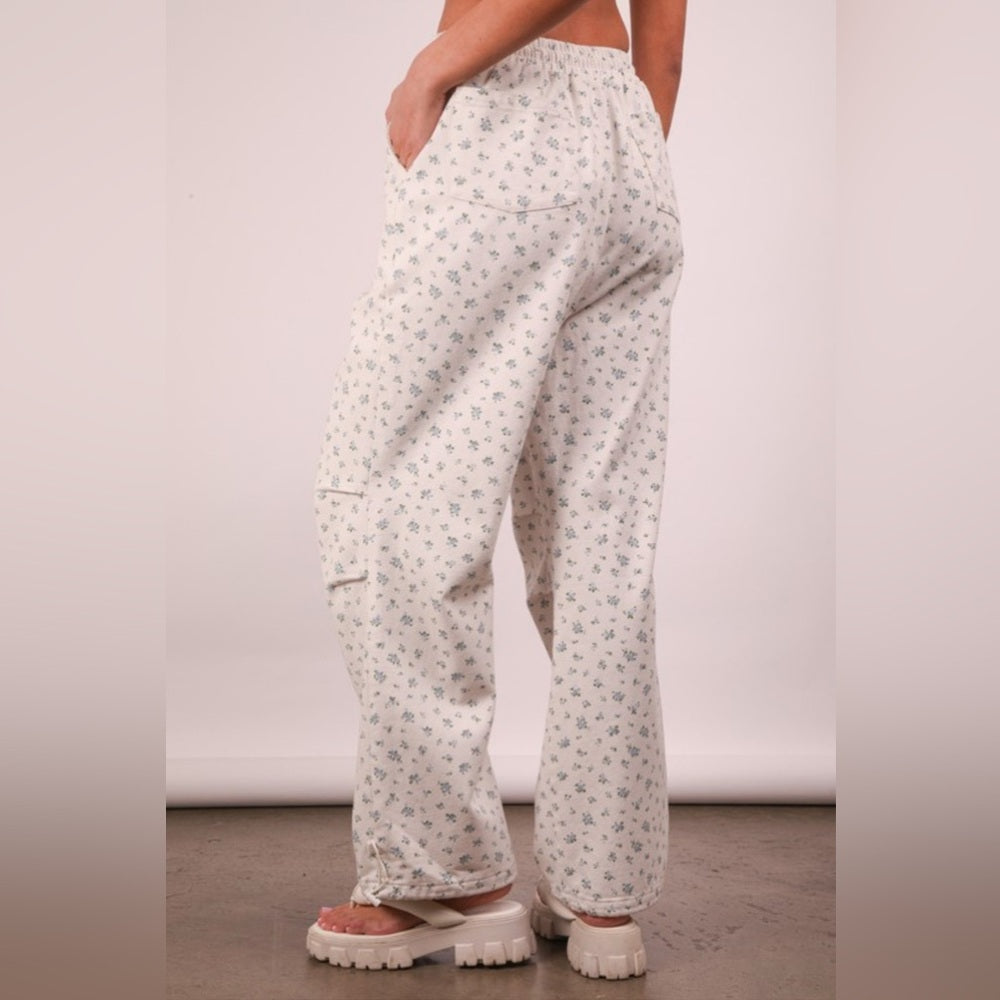 444. Floral Printed White Denim Parachute Pants