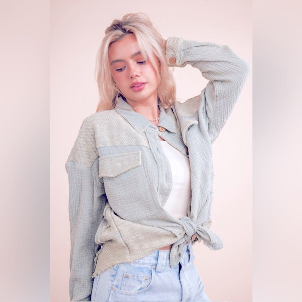 447. Mineral Washed Oversized Gauze Shacket Jacket in Blue Denim