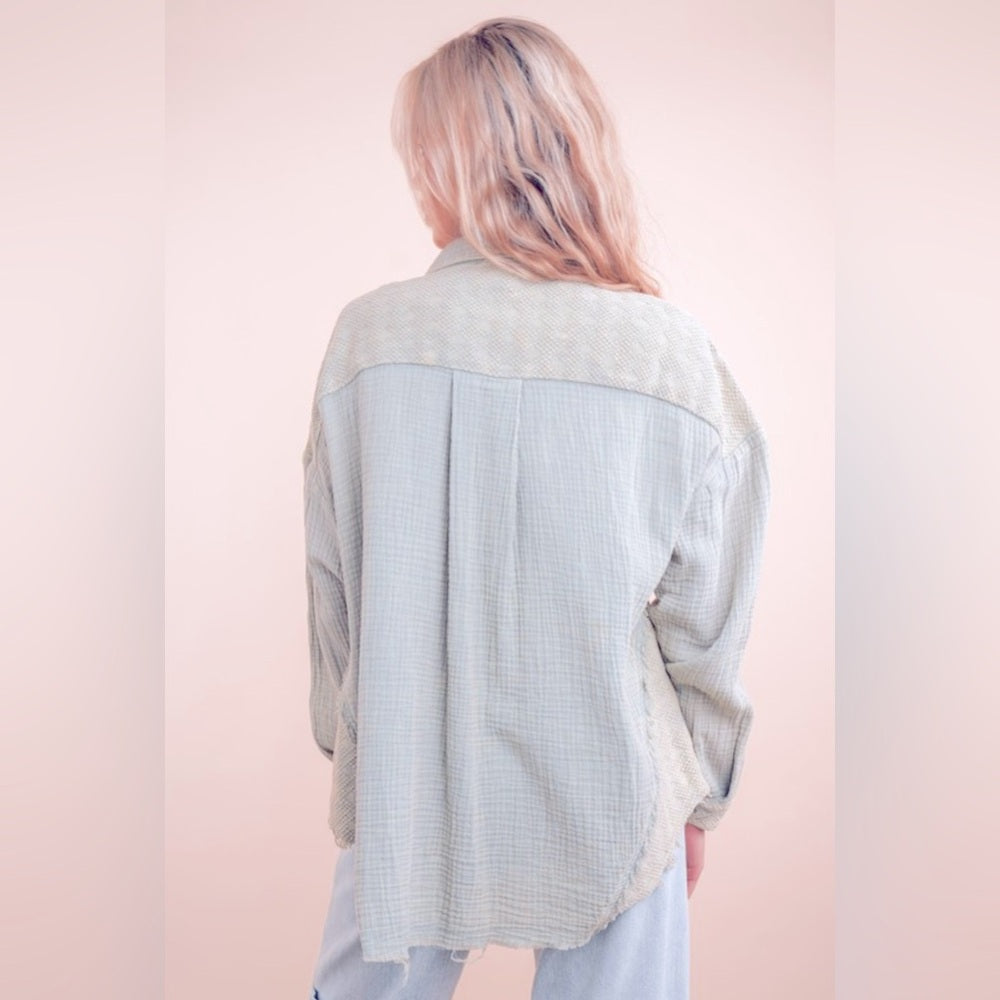 447. Mineral Washed Oversized Gauze Shacket Jacket in Blue Denim