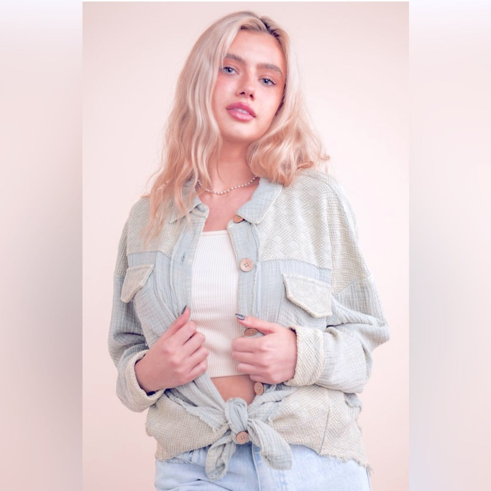 447. Mineral Washed Oversized Gauze Shacket Jacket in Blue Denim