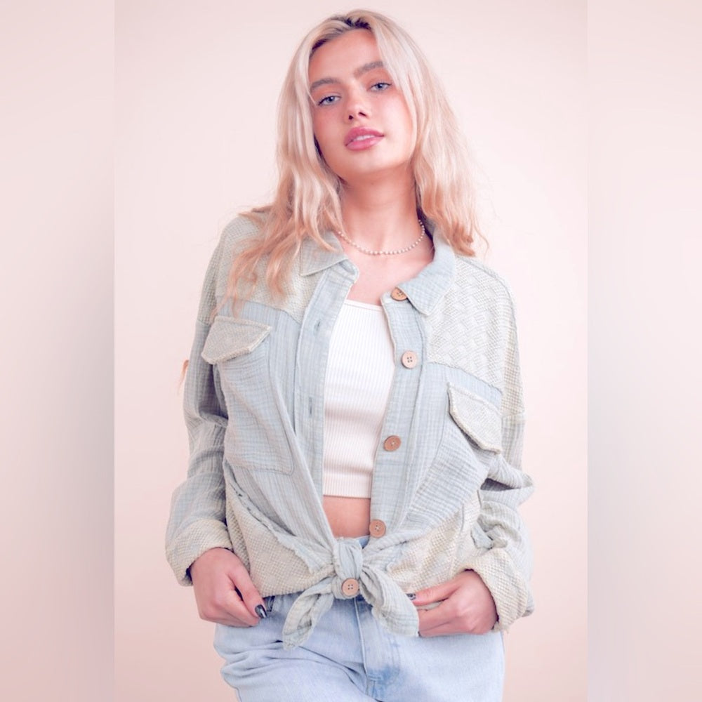 447. Mineral Washed Oversized Gauze Shacket Jacket in Blue Denim