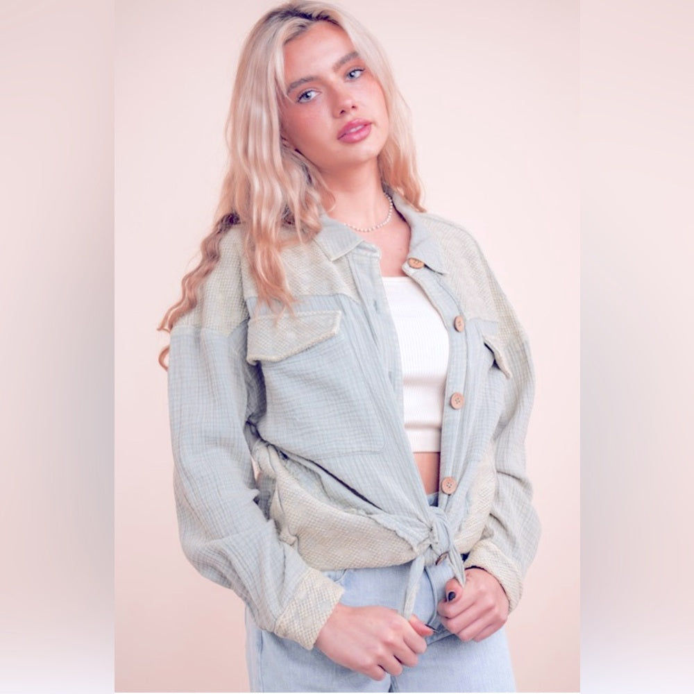 447. Mineral Washed Oversized Gauze Shacket Jacket in Blue Denim