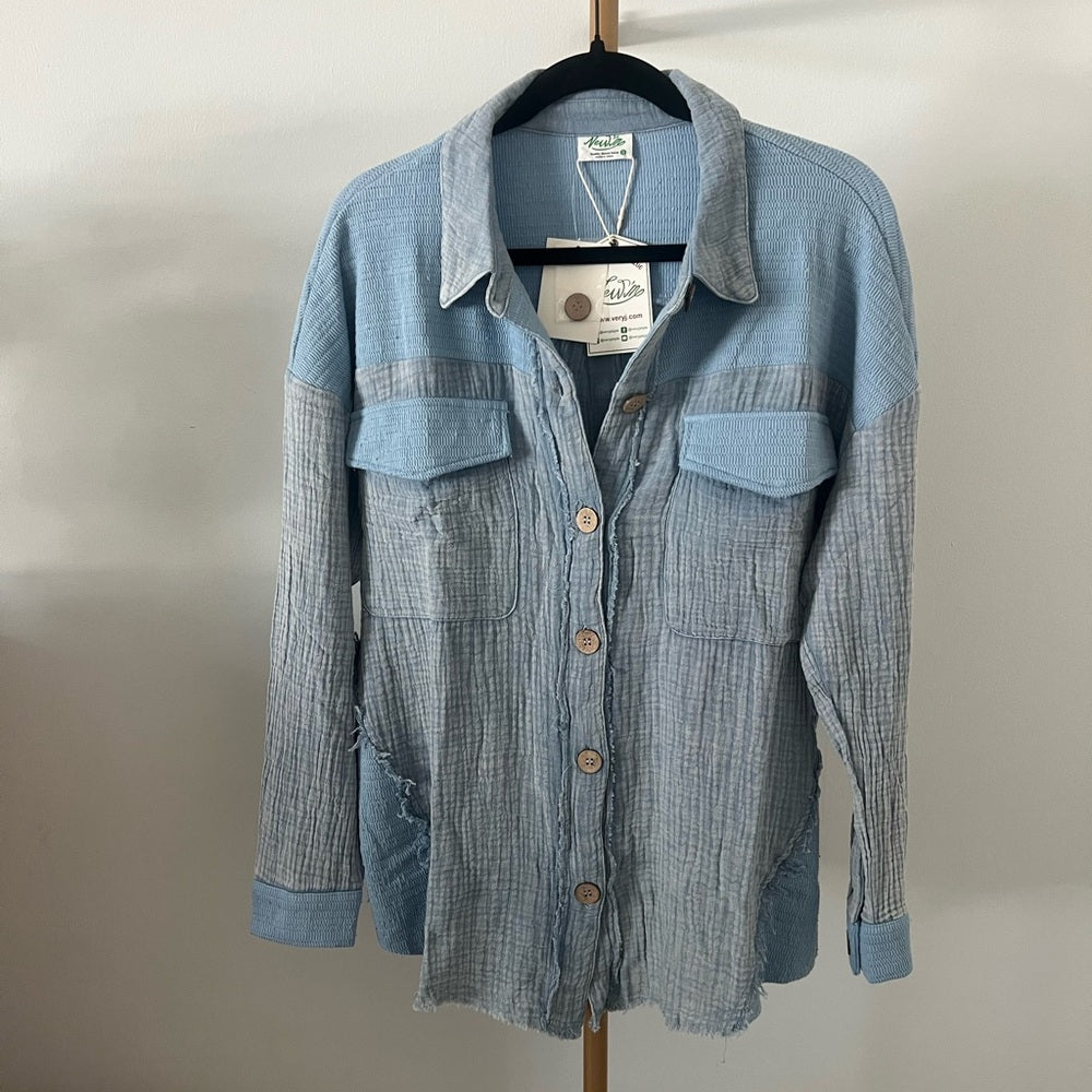447. Mineral Washed Oversized Gauze Shacket Jacket in Blue Denim