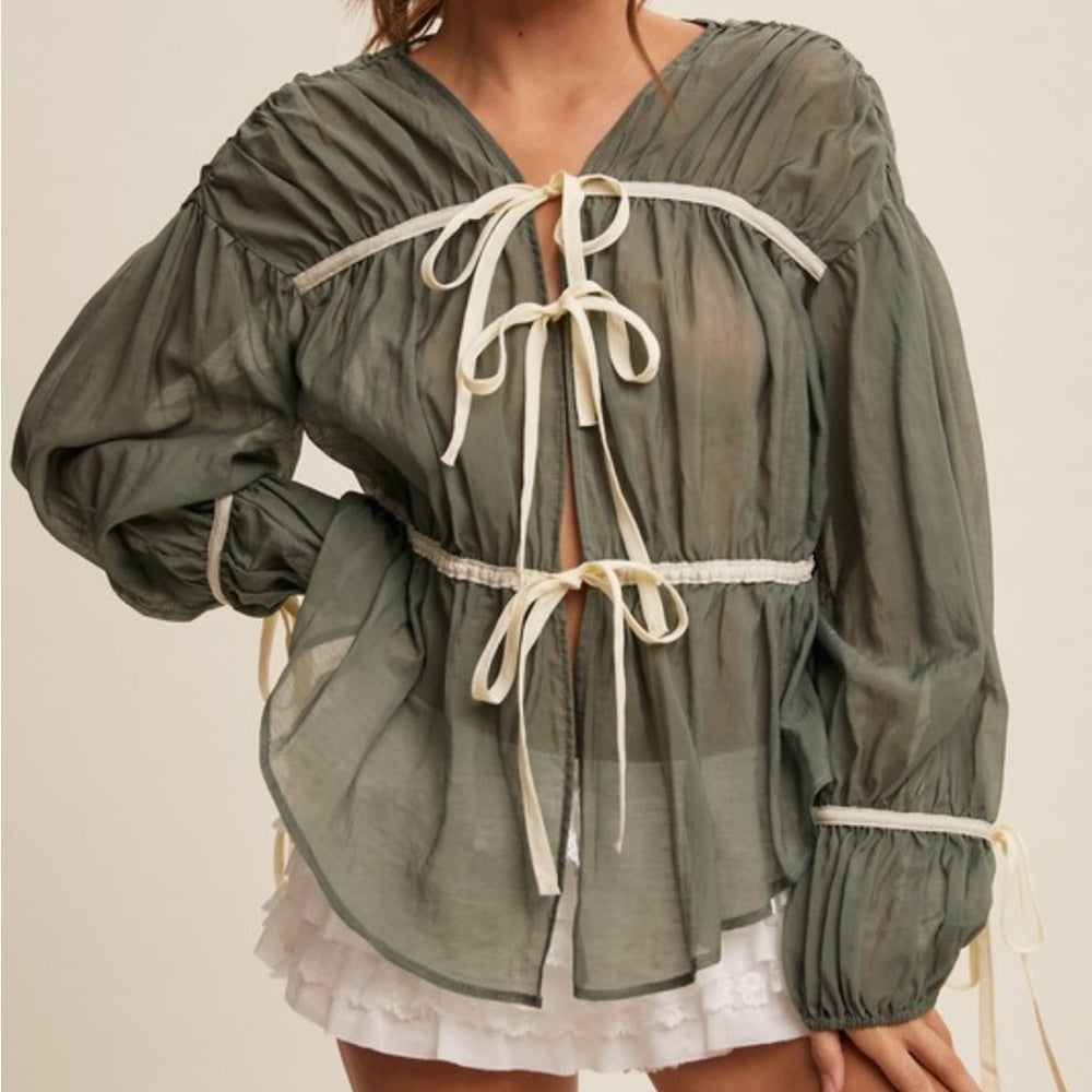 449. Olive Sheer Blouse with Cream Ties