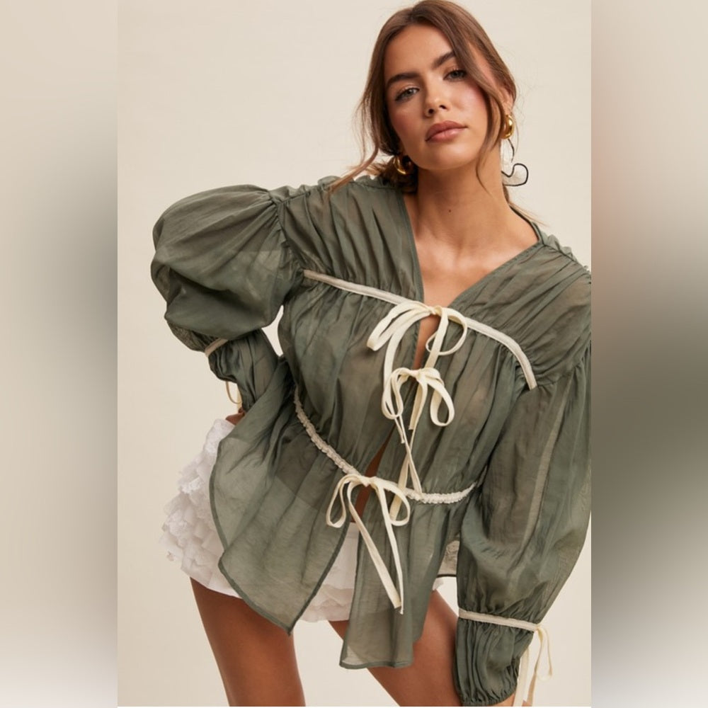 449. Olive Sheer Blouse with Cream Ties