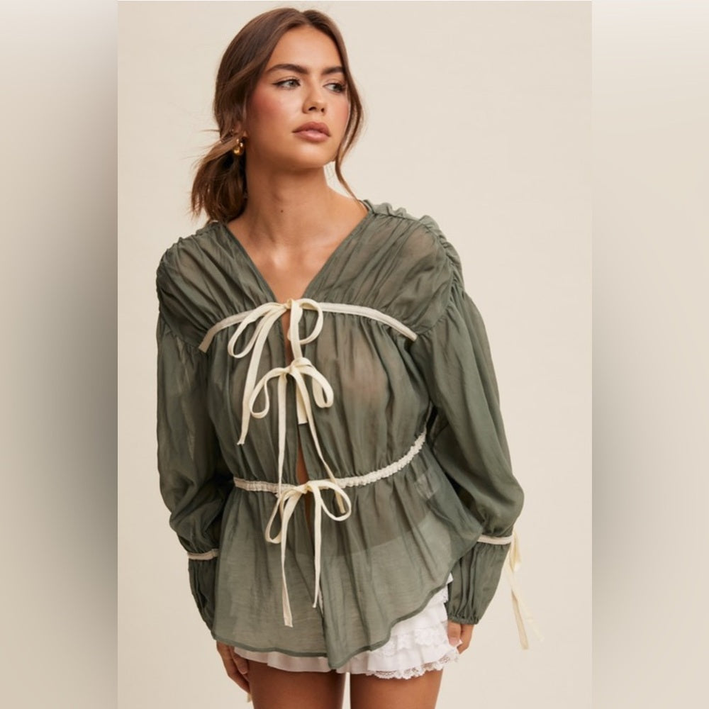 449. Olive Sheer Blouse with Cream Ties