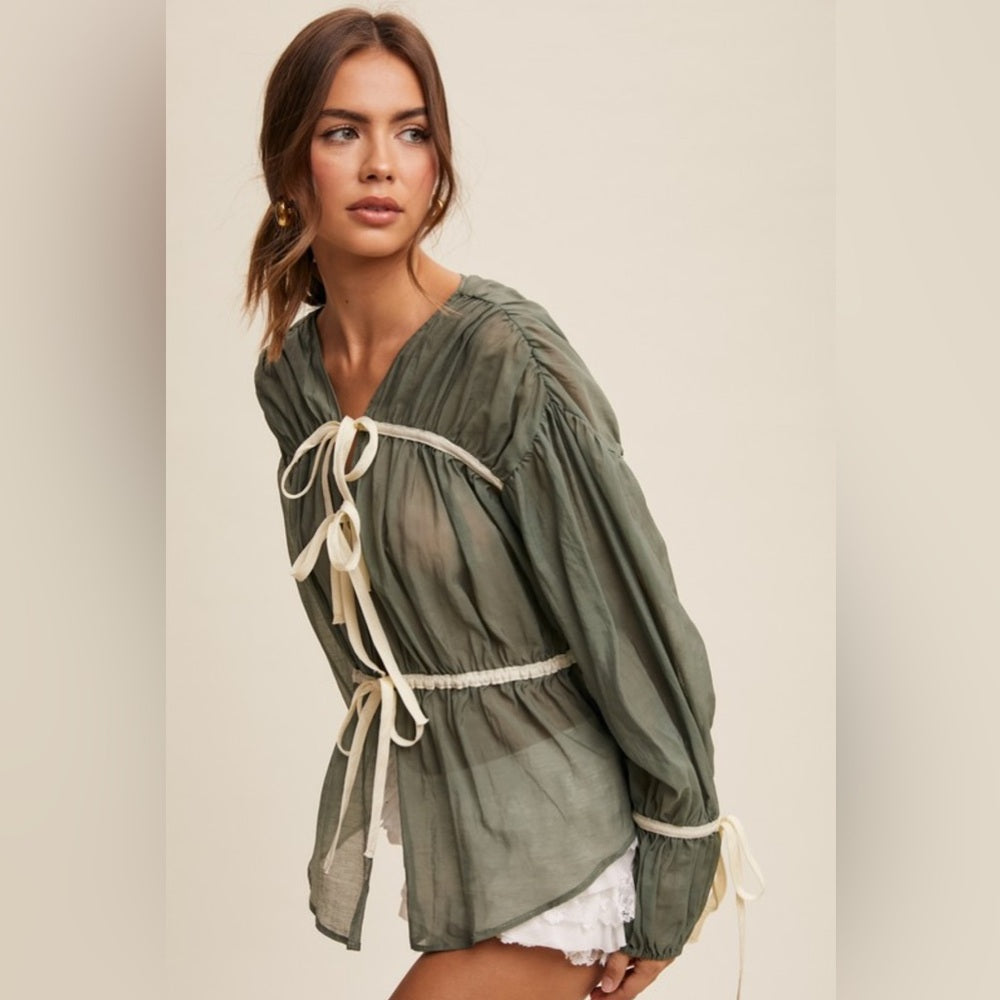 449. Olive Sheer Blouse with Cream Ties