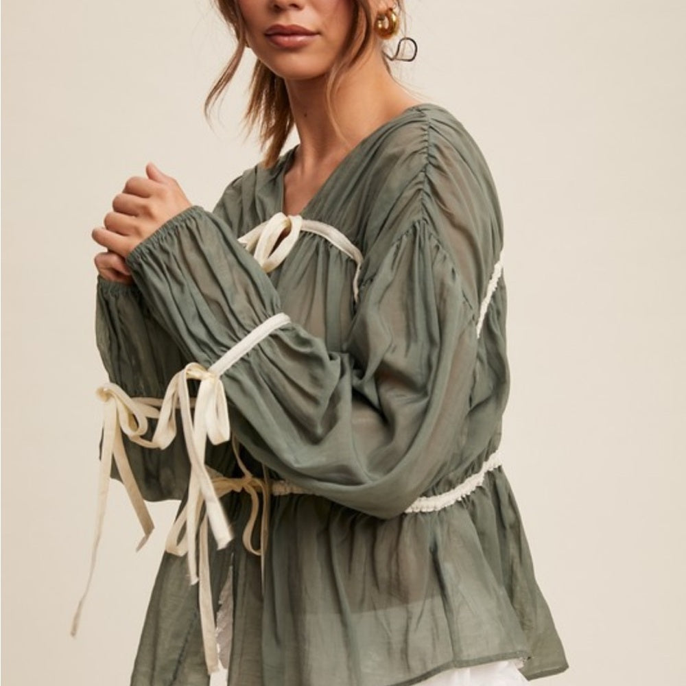 449. Olive Sheer Blouse with Cream Ties