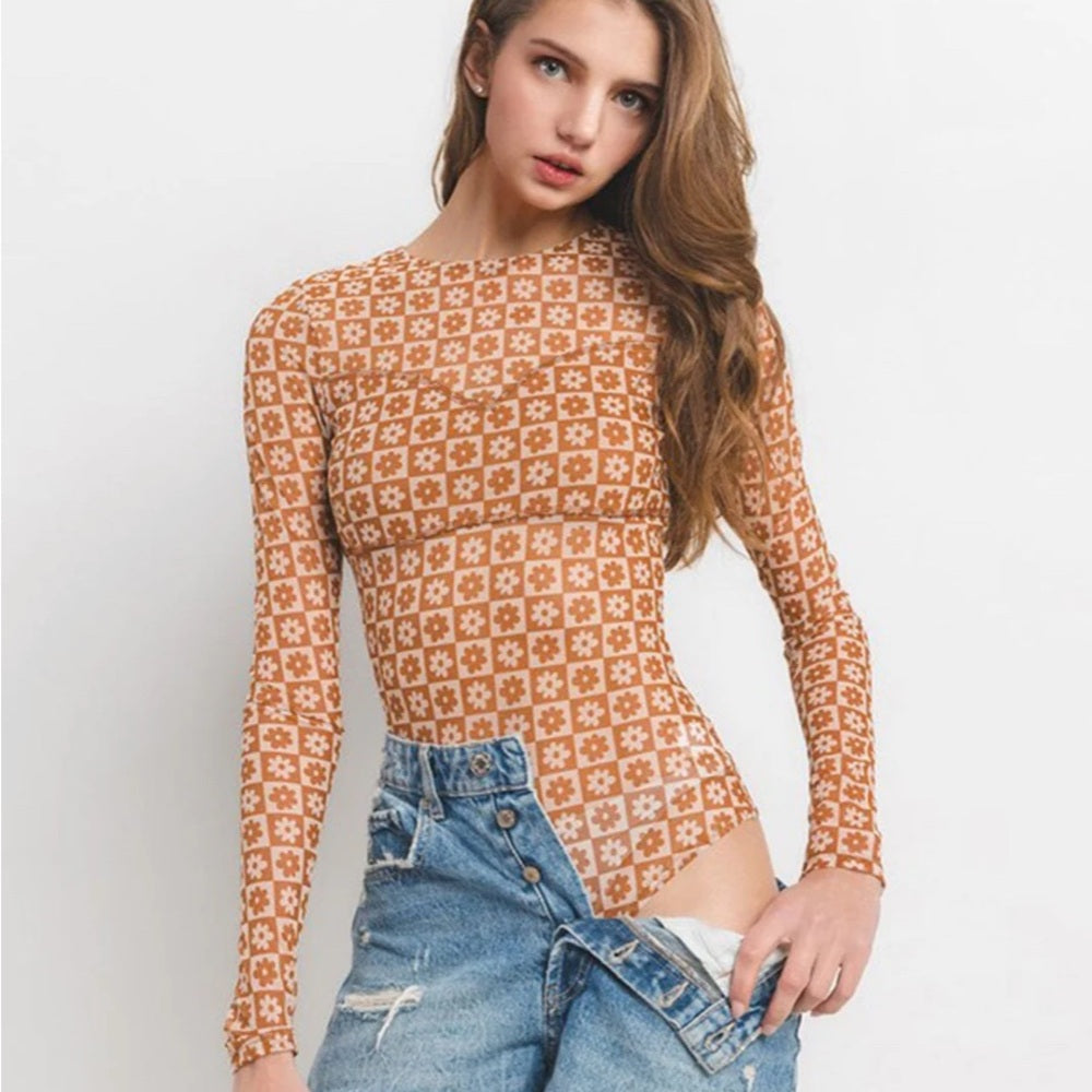 453. Floral Patterned Tan Long Sleeve Mesh Bodysuit
