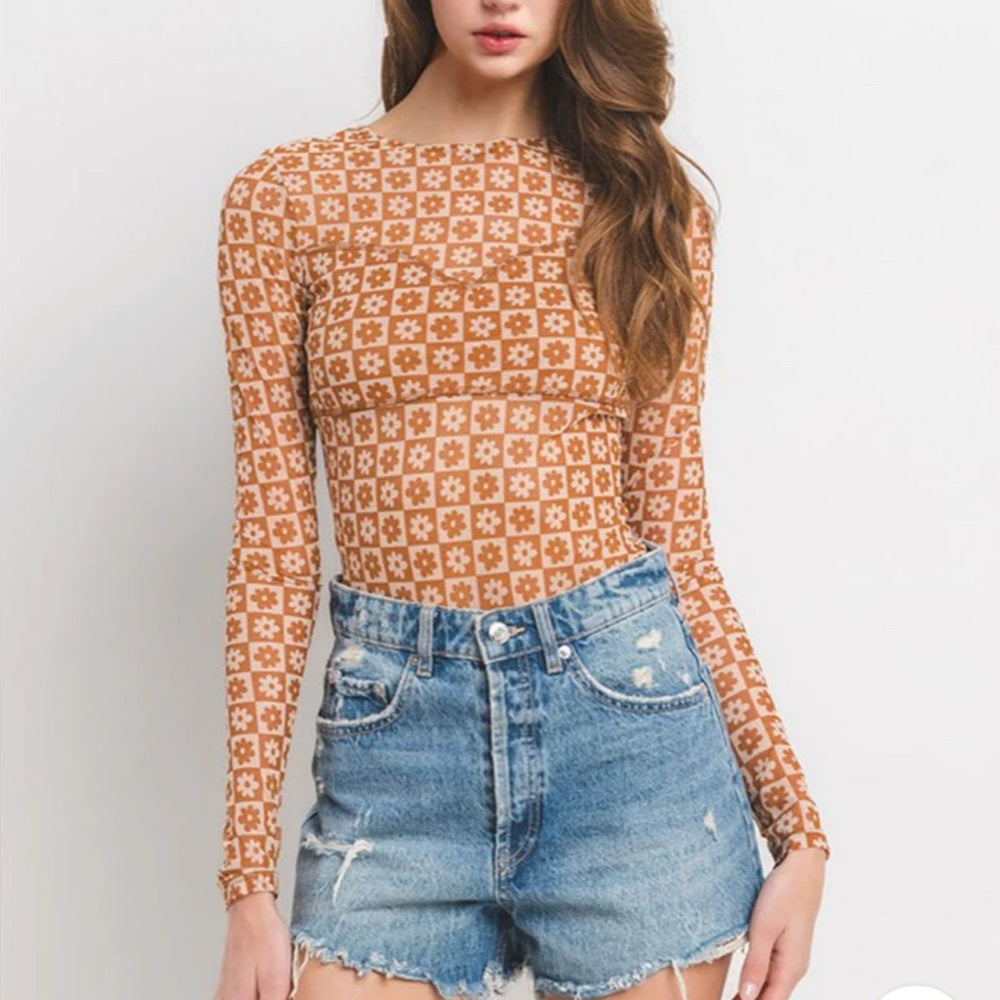 453. Floral Patterned Tan Long Sleeve Mesh Bodysuit