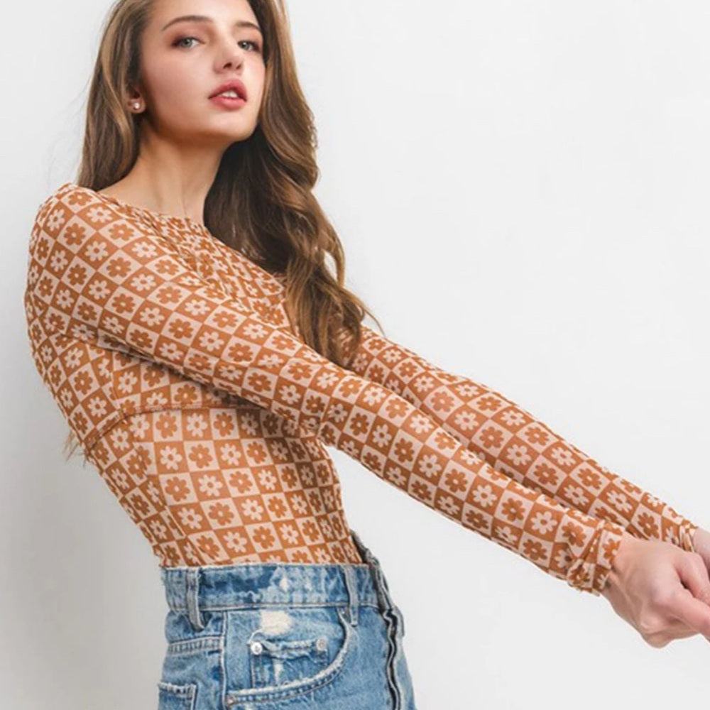 453. Floral Patterned Tan Long Sleeve Mesh Bodysuit