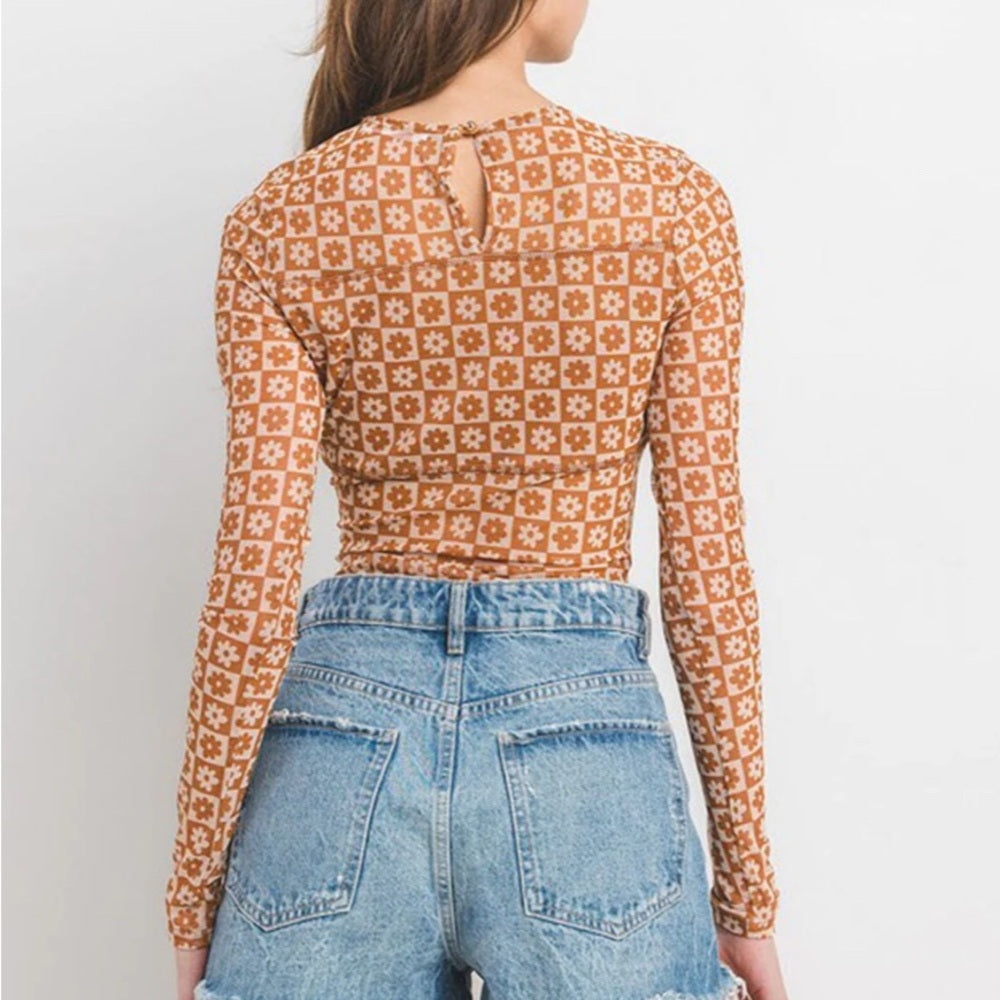 453. Floral Patterned Tan Long Sleeve Mesh Bodysuit