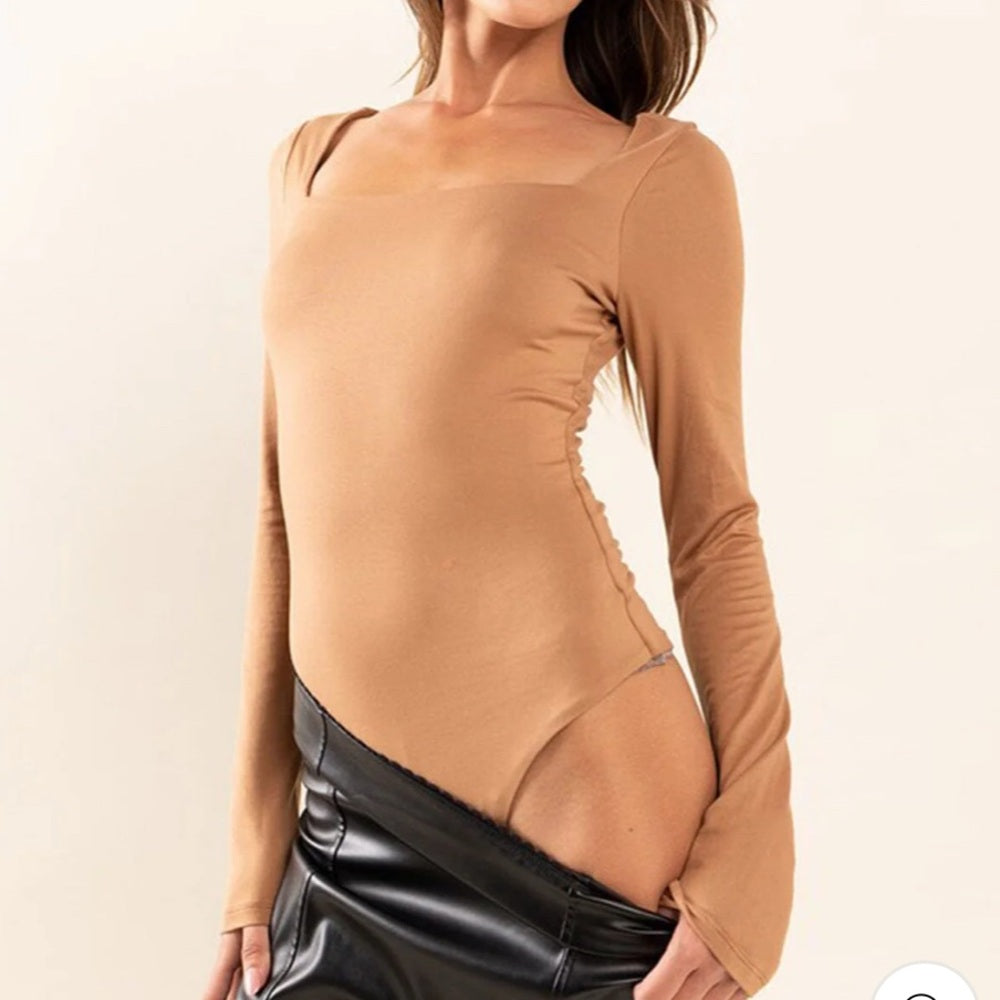 454. Tan Long Sleeve Square Neck Bodysuit