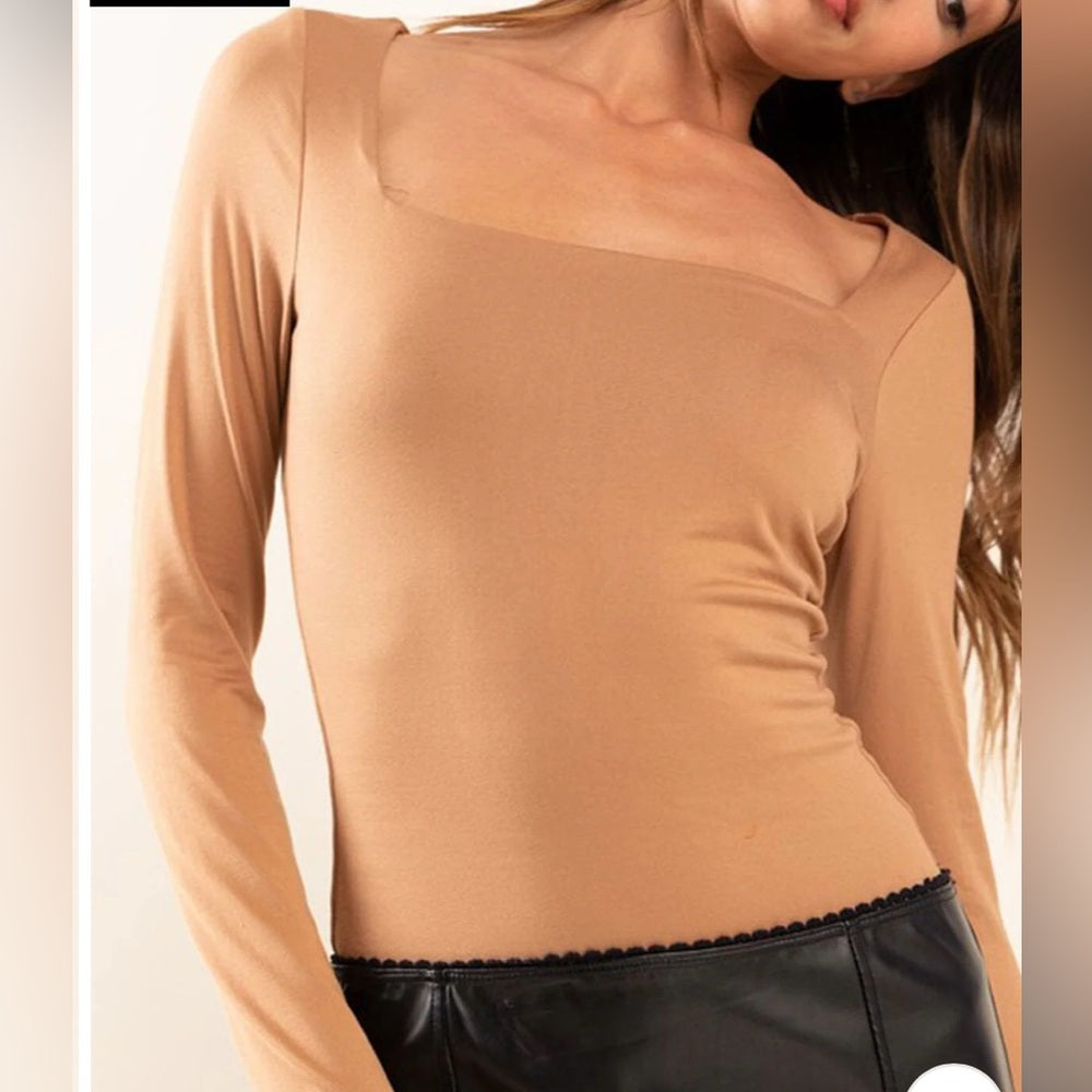 454. Tan Long Sleeve Square Neck Bodysuit