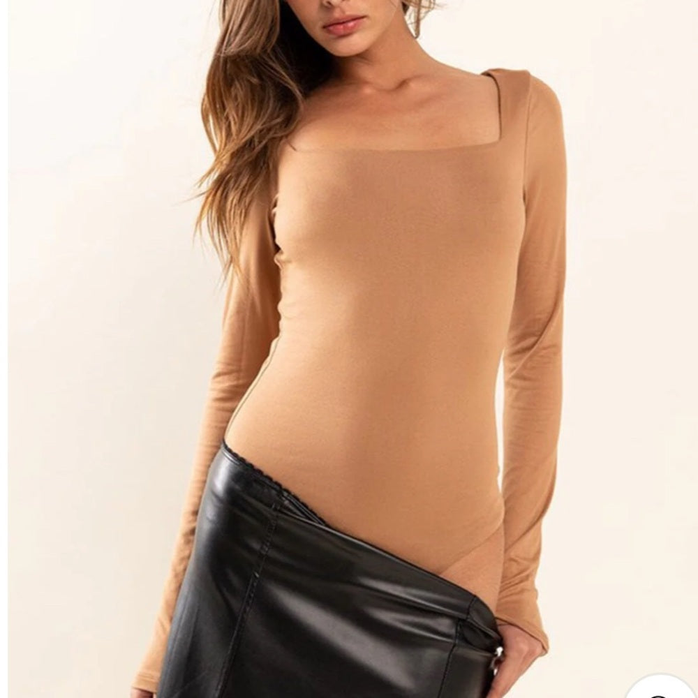 454. Tan Long Sleeve Square Neck Bodysuit