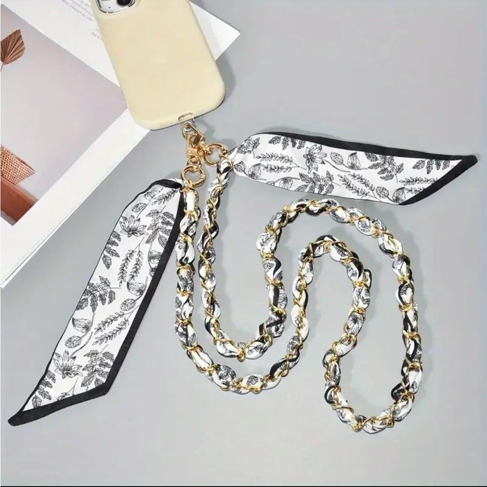 528. Navy Blue and White Leaf Print Scarf & Chain Phone Lanyard