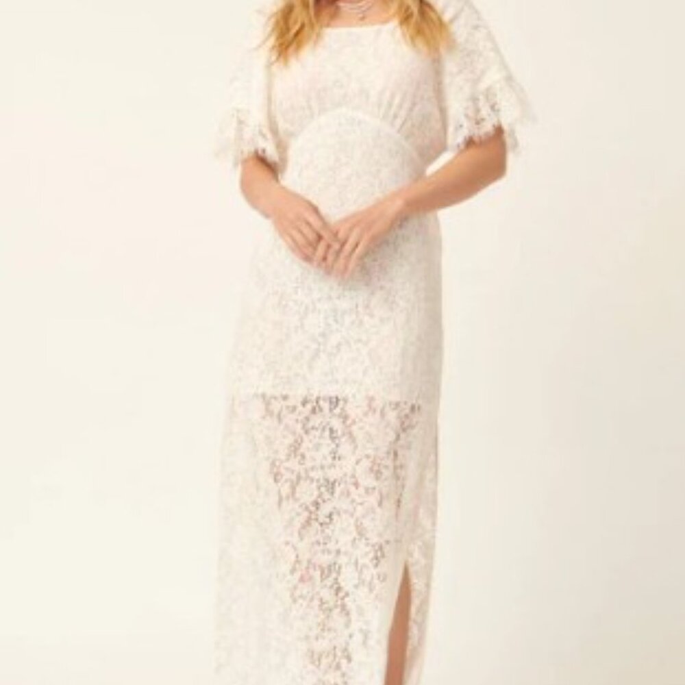 457. Lace Square Neck Flounce Sleeve Fitted Maxi Dress
