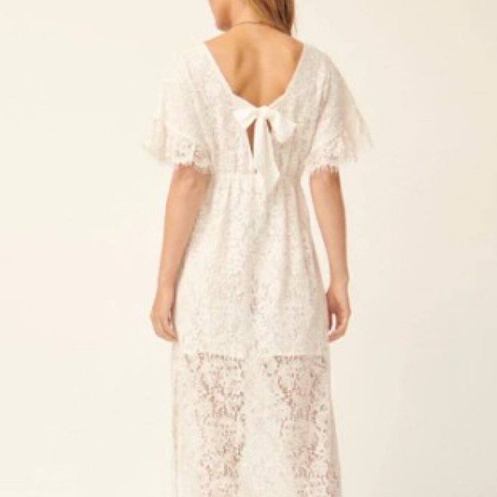 457. Lace Square Neck Flounce Sleeve Fitted Maxi Dress