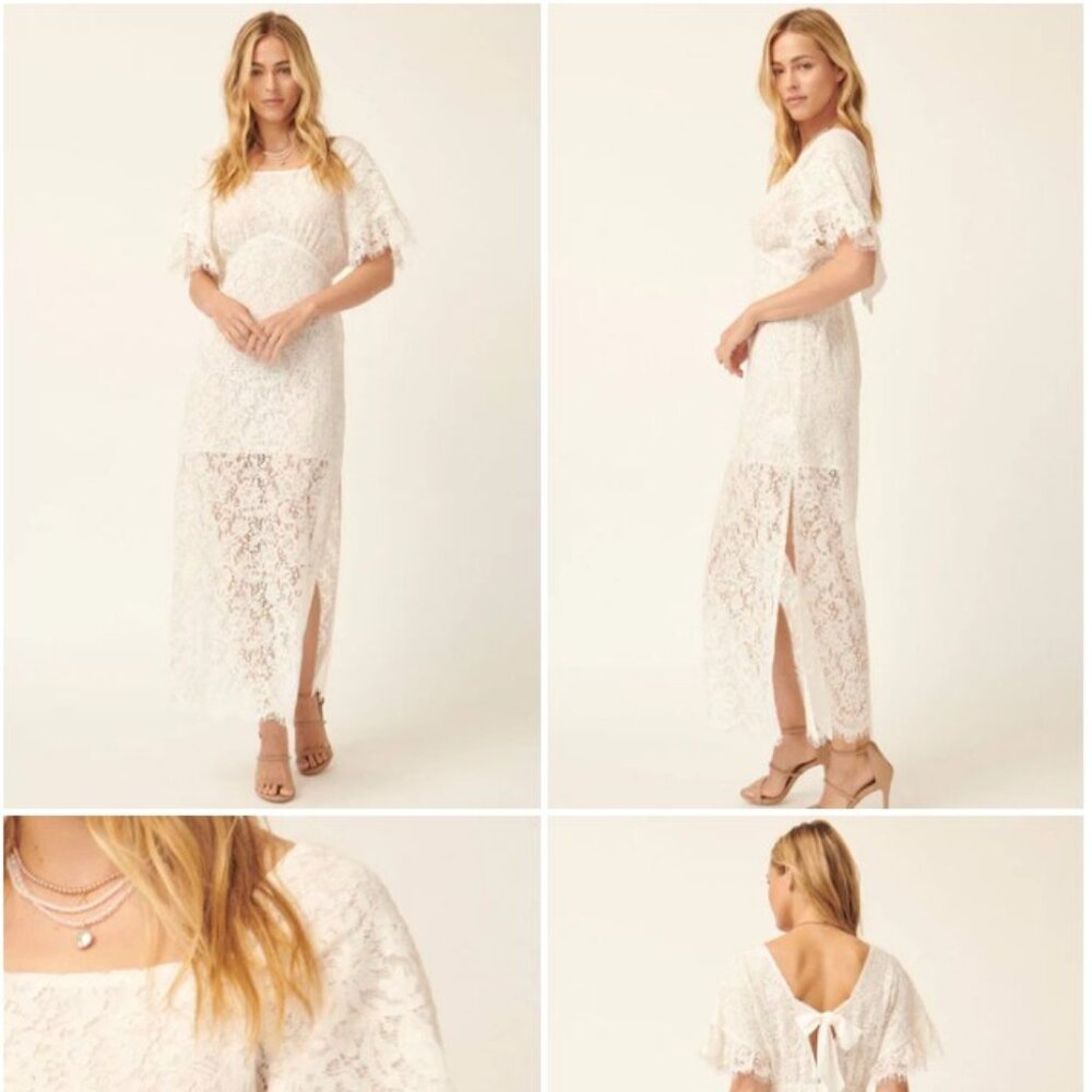 457. Lace Square Neck Flounce Sleeve Fitted Maxi Dress