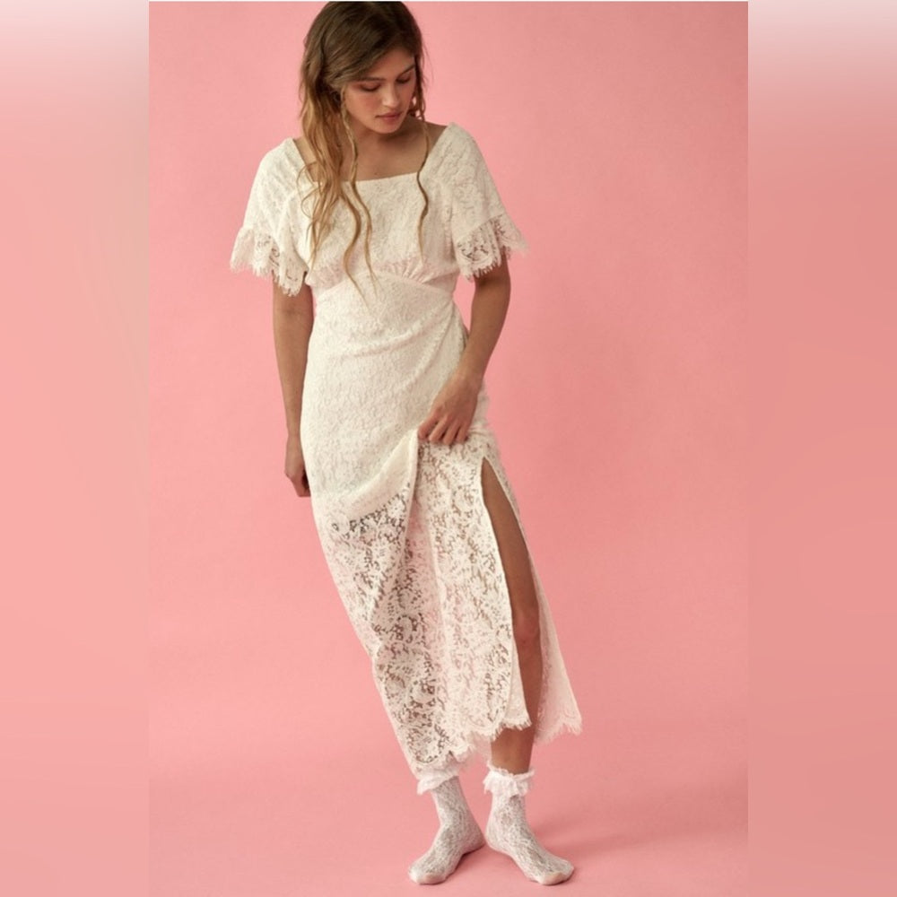 457. Lace Square Neck Flounce Sleeve Fitted Maxi Dress