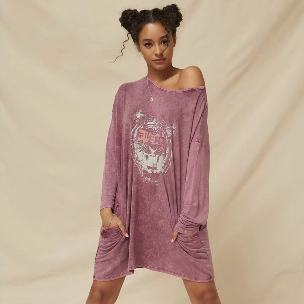 455. Fierce Tiger Long-Sleeve Graphic T-Shirt Mini Dress