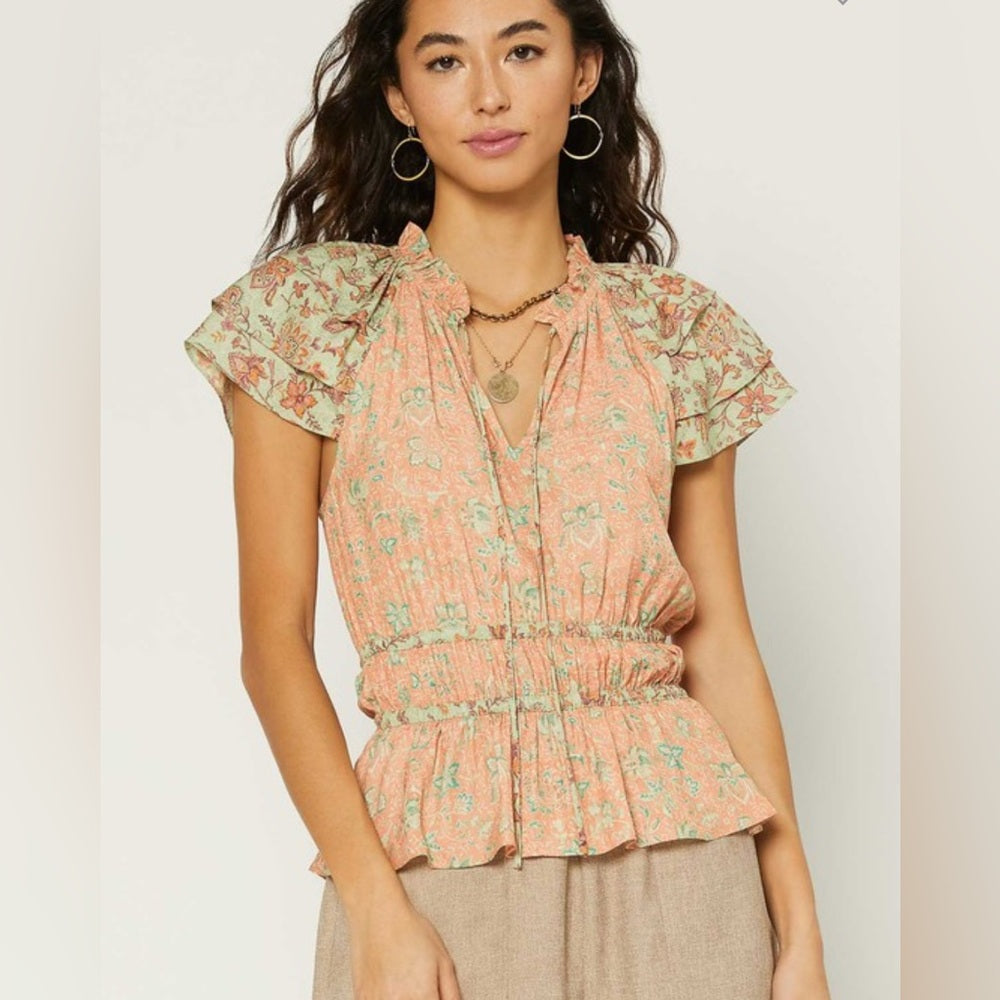 463. Current Air Floral Ruffle Sleeve Top - Peach and Green