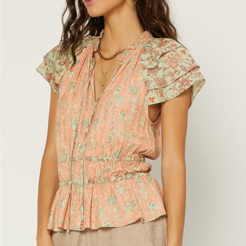 463. Current Air Floral Ruffle Sleeve Top - Peach and Green